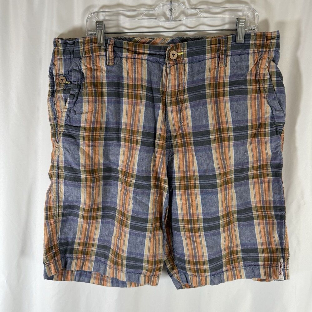 Tommy Bahama 100% Linen Shorts Men's 36 Orange Blue Plaid Pockets